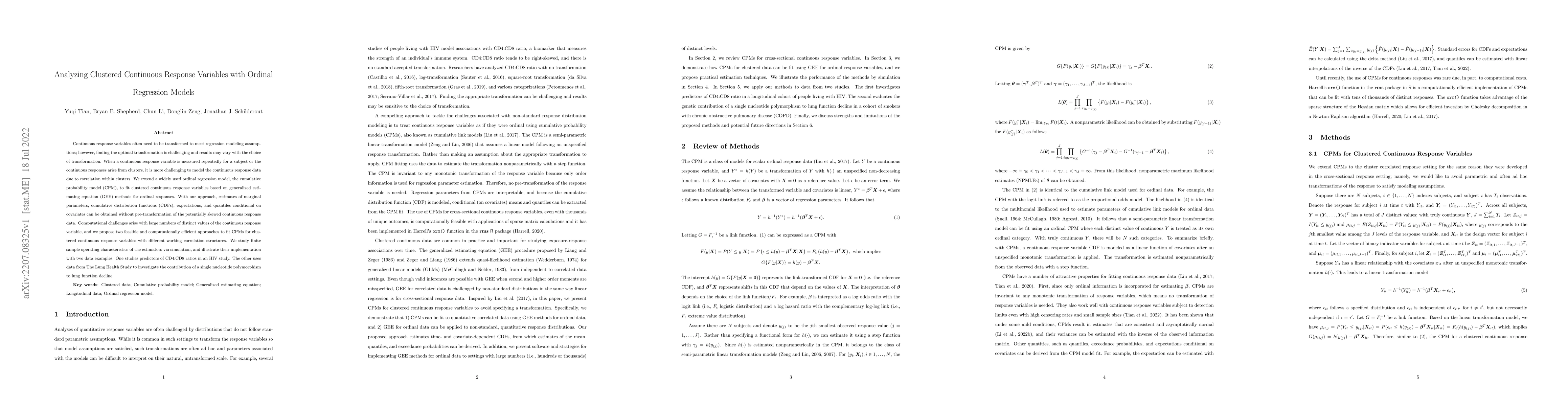 Thumbnail for Analyzing Clustered Continuous Response Variables with Ordinal
  Regression Models