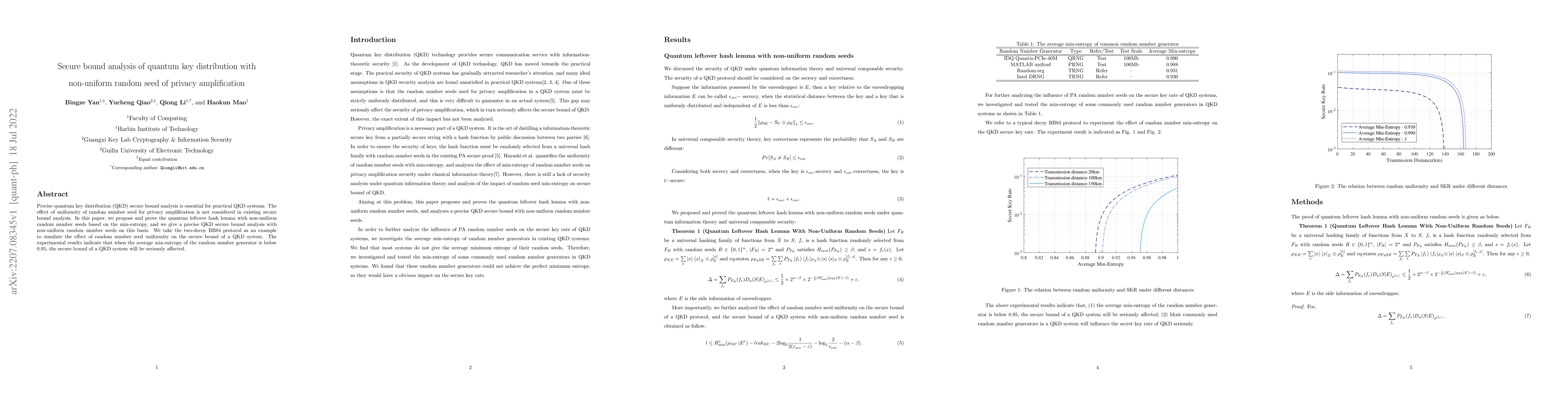 Thumbnail for Secure bound analysis of quantum key distribution with non-uniform
  random seed of privacy amplification