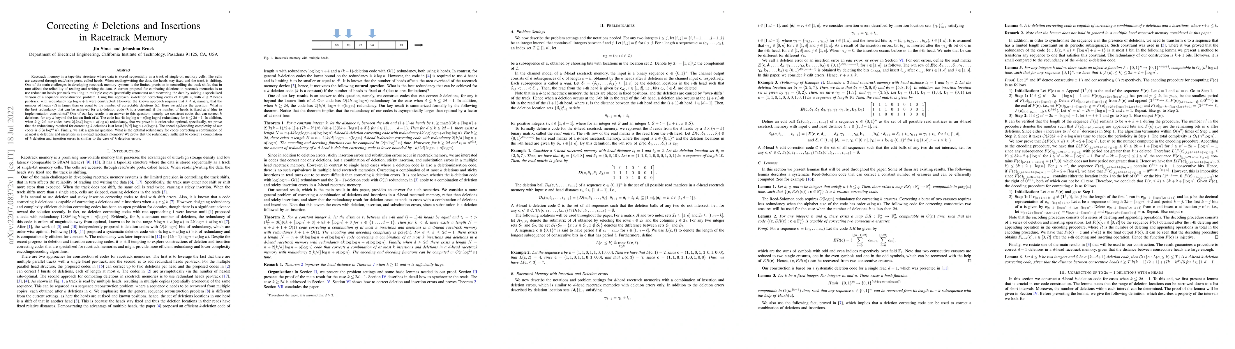 Thumbnail for Correcting $k$ Deletions and Insertions in Racetrack Memory