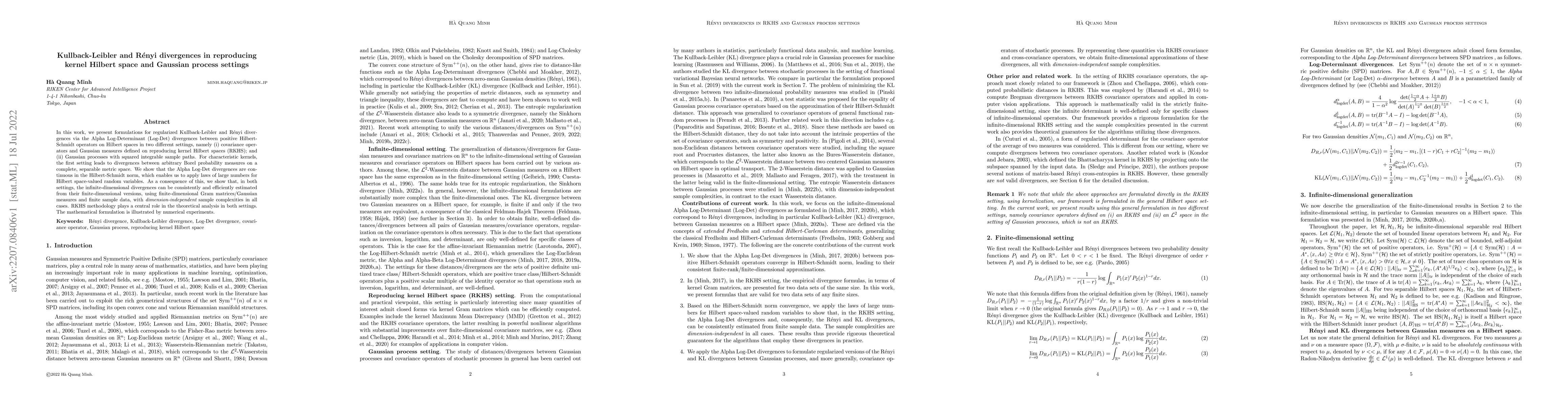 Thumbnail for Kullback-Leibler and Renyi divergences in reproducing kernel Hilbert
  space and Gaussian process settings