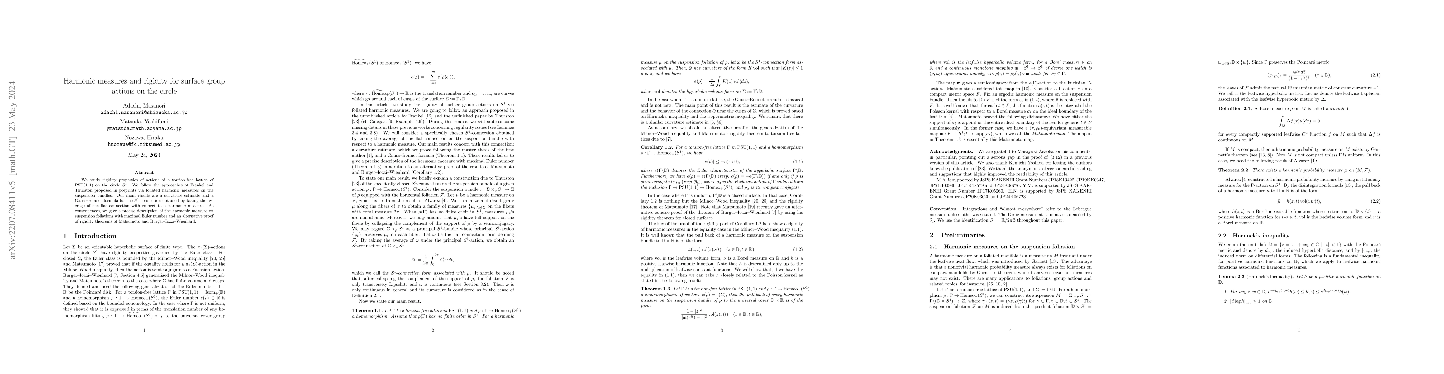 Thumbnail for Harmonic measures and rigidity for surface group actions on the circle