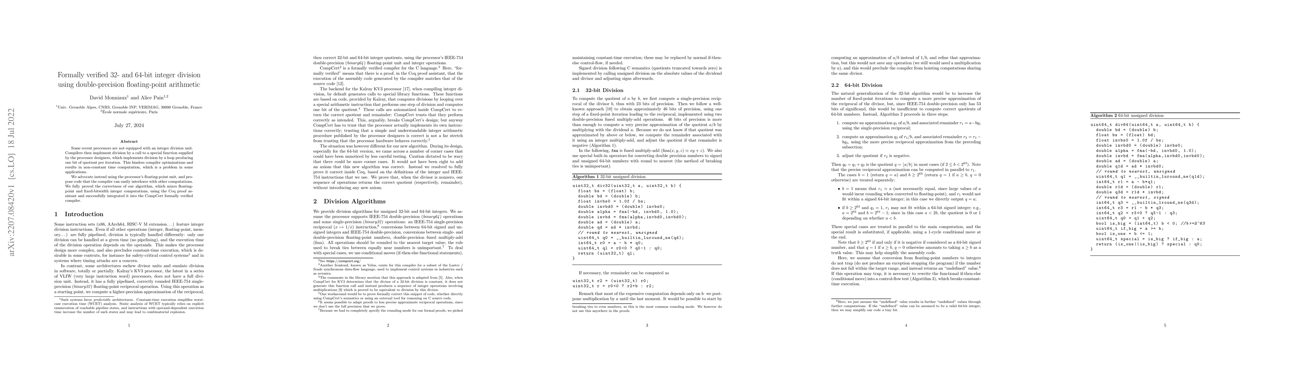 Thumbnail for Formally verified 32- and 64-bit integer division using double-precision
  floating-point arithmetic