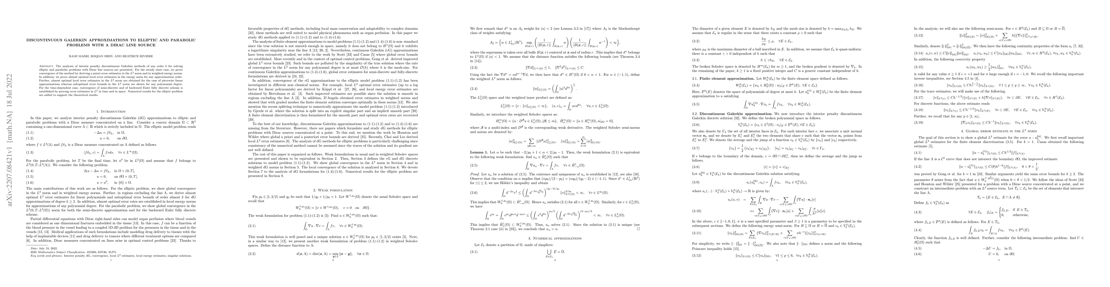 Thumbnail for Discontinuous Galerkin Approximations to Elliptic and Parabolic Problems
  with a Dirac Line Source