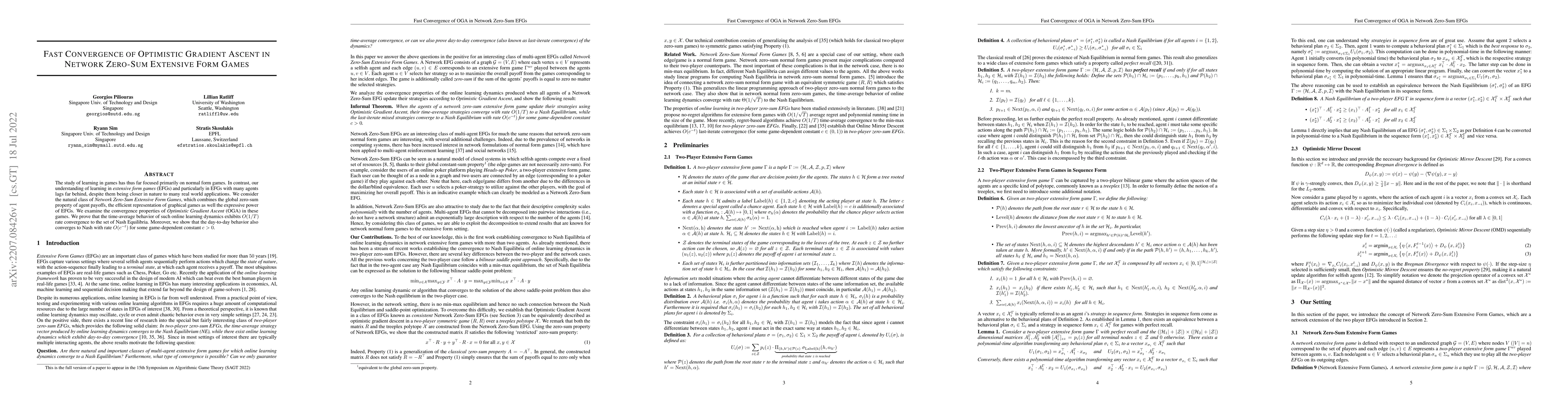 Thumbnail for Fast Convergence of Optimistic Gradient Ascent in Network Zero-Sum
  Extensive Form Games