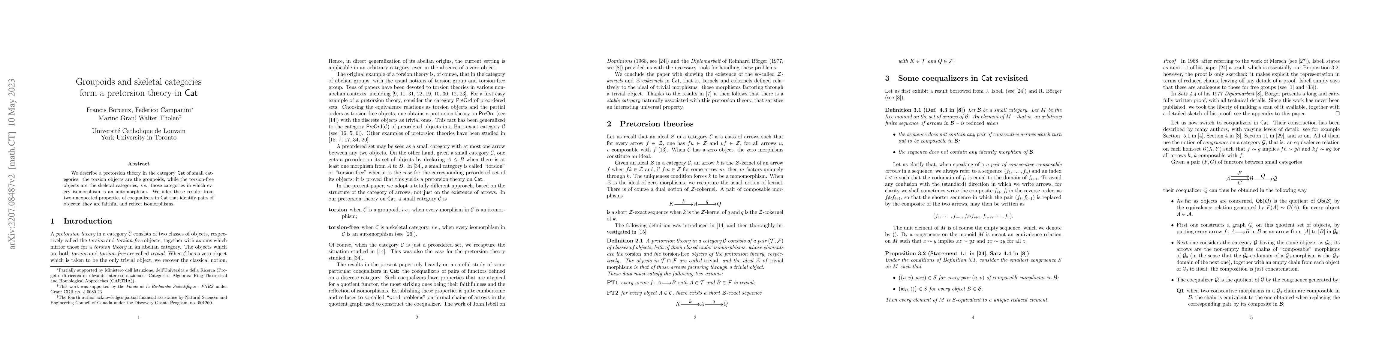 Thumbnail for Groupoids and skeletal categories form a pretorsion theory in
  $\mathsf{Cat}$