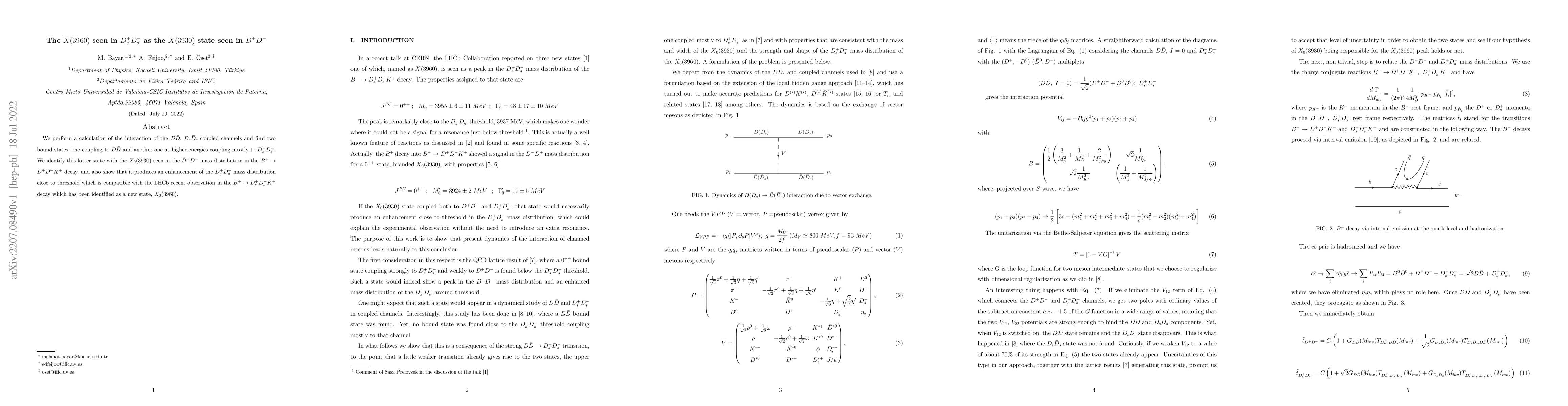 Thumbnail for The $X(3960)$ seen in $D_{s}^{+} D_{s}^{-}$ as the $X(3930)$ state seen
  in $ D^{+} D^{-} $