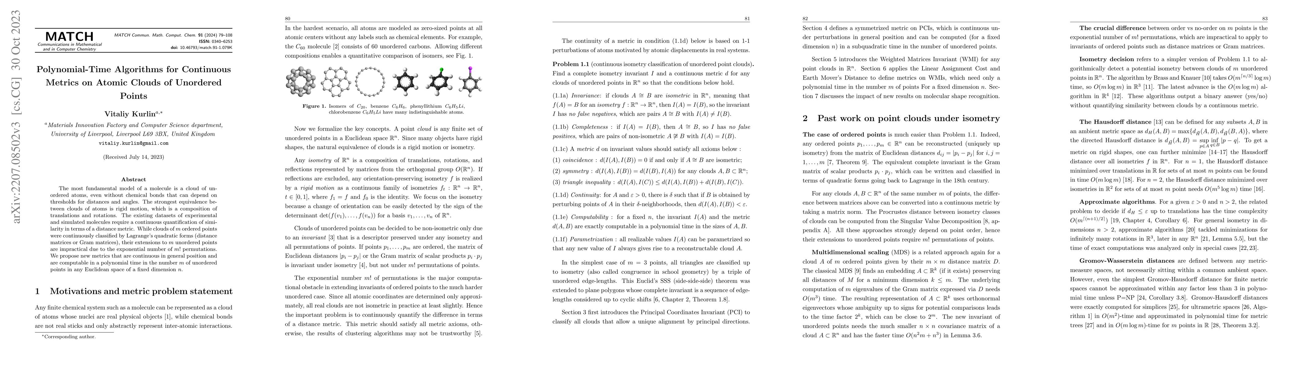 Thumbnail for Polynomial-time algorithms for continuous metrics on atomic clouds of
  unordered points