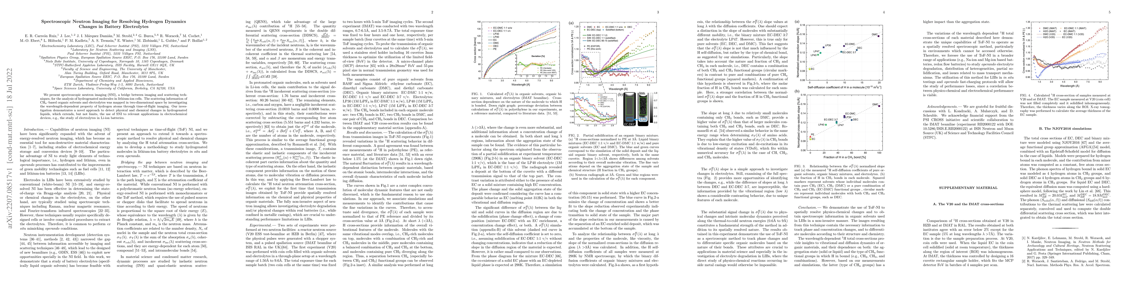 Thumbnail for Spectroscopic Neutron Imaging for Resolving Hydrogen Dynamics Changes in
  Battery Electrolytes
