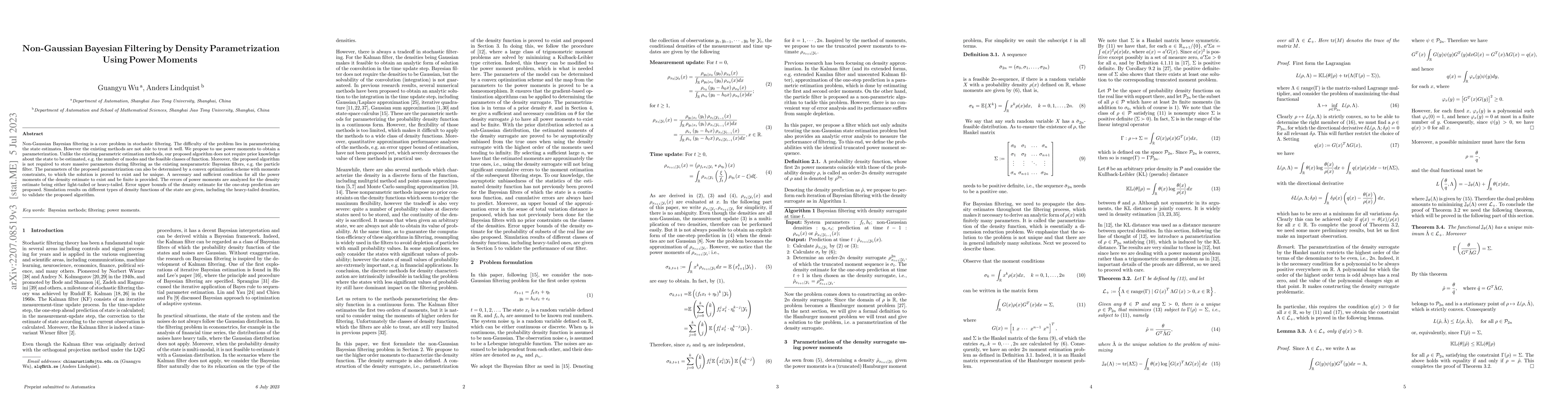 Thumbnail for Non-Gaussian Bayesian Filtering by Density Parametrization Using Power
  Moments