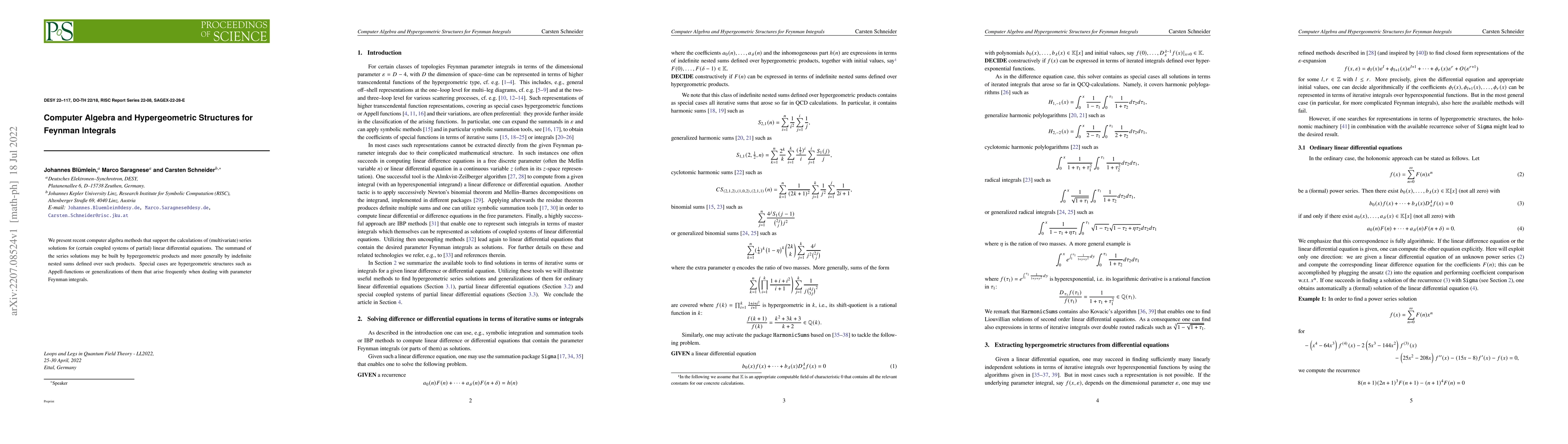 Thumbnail for Computer Algebra and Hypergeometric Structures for Feynman Integrals