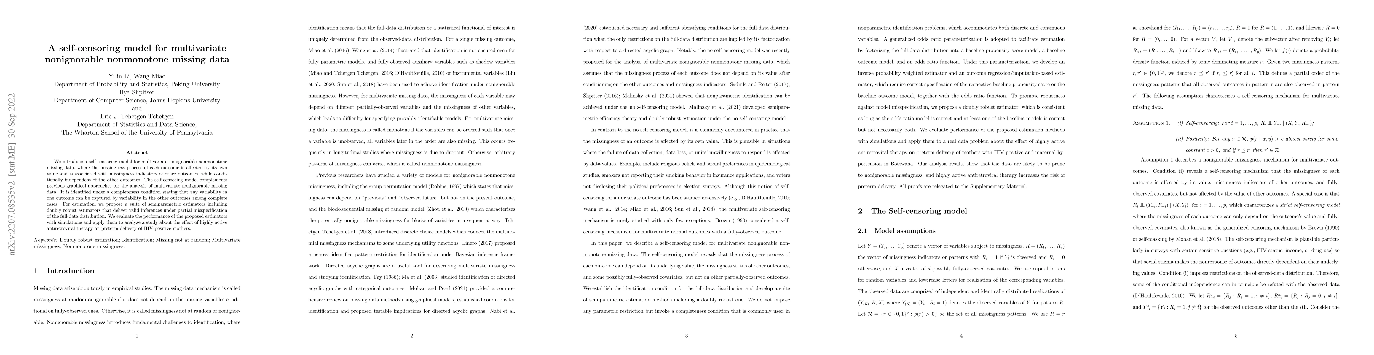 Thumbnail for A self-censoring model for multivariate nonignorable nonmonotone missing
  data