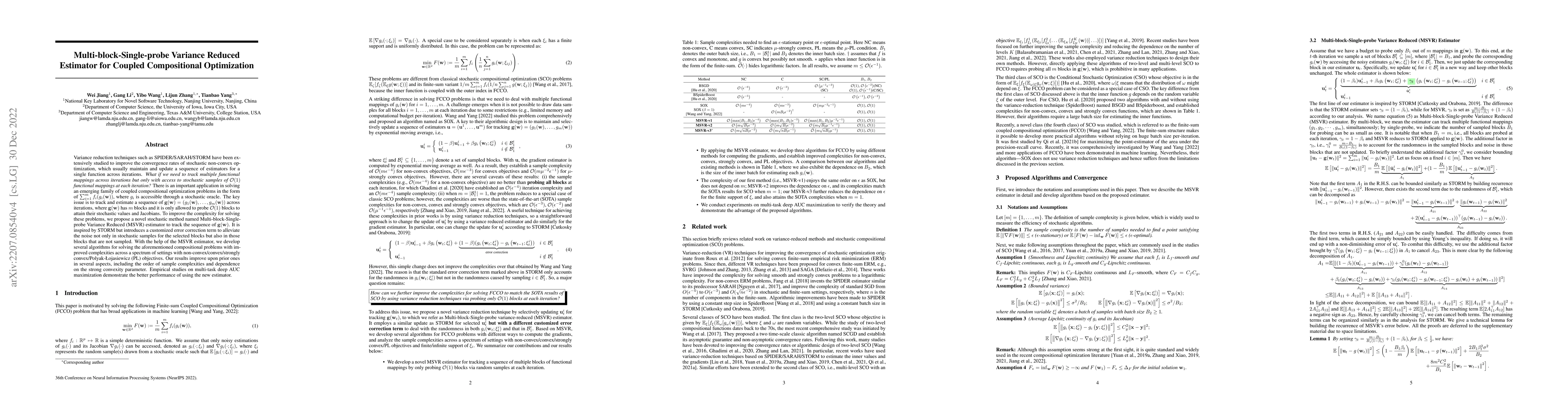 Thumbnail for Multi-block-Single-probe Variance Reduced Estimator for Coupled
  Compositional Optimization