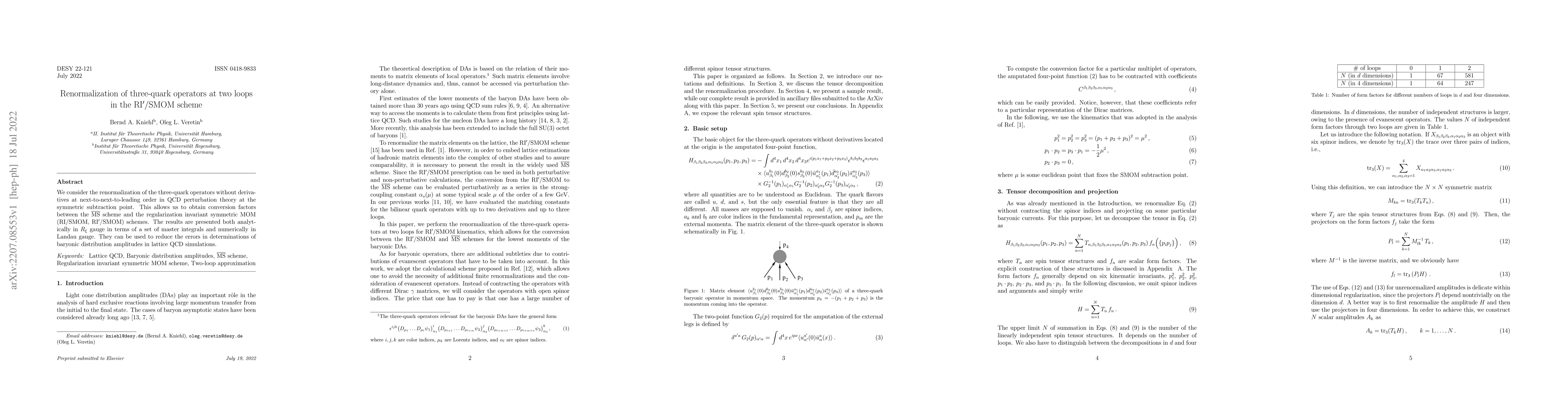 Thumbnail for Renormalization of three-quark operators at two loops in the
  RI${}'$/SMOM scheme