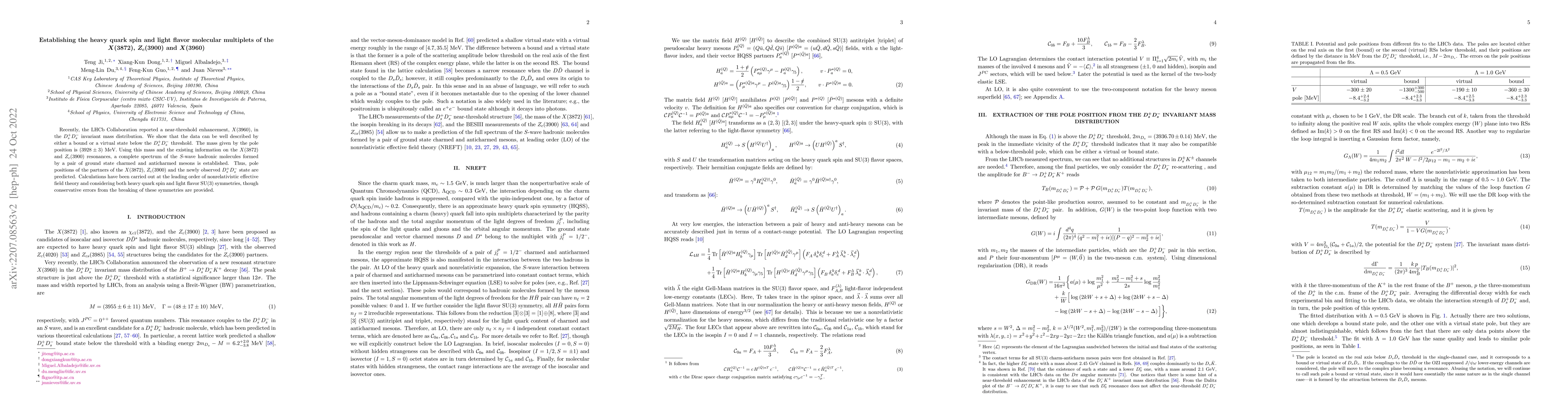 Thumbnail for Establishing the heavy quark spin and light flavor molecular multiplets
  of the $X(3872)$, $Z_c(3900)$ and $X(3960)$