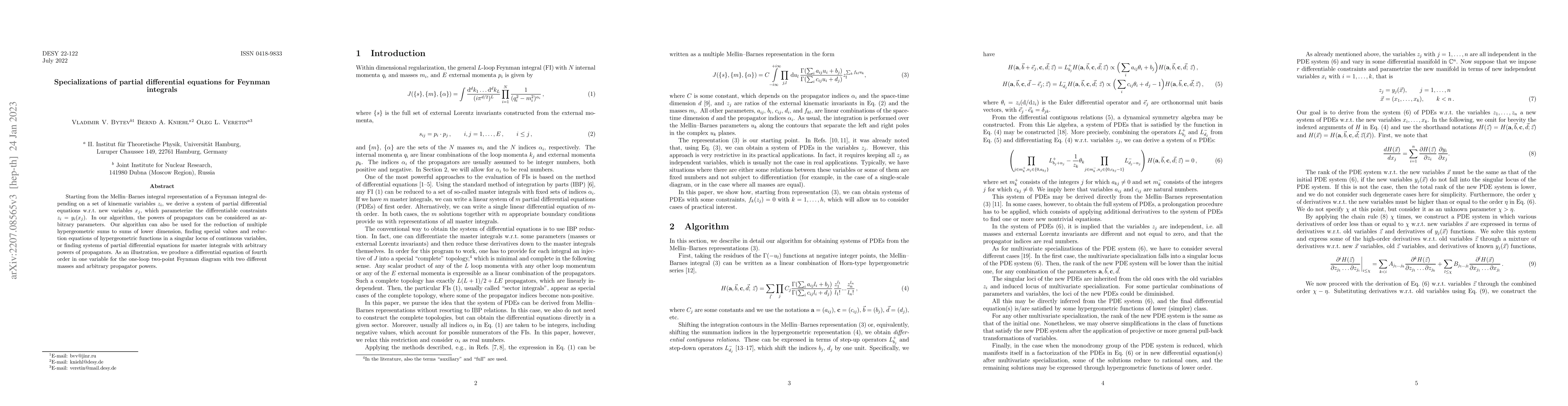Thumbnail for Specializations of partial differential equations for Feynman integrals