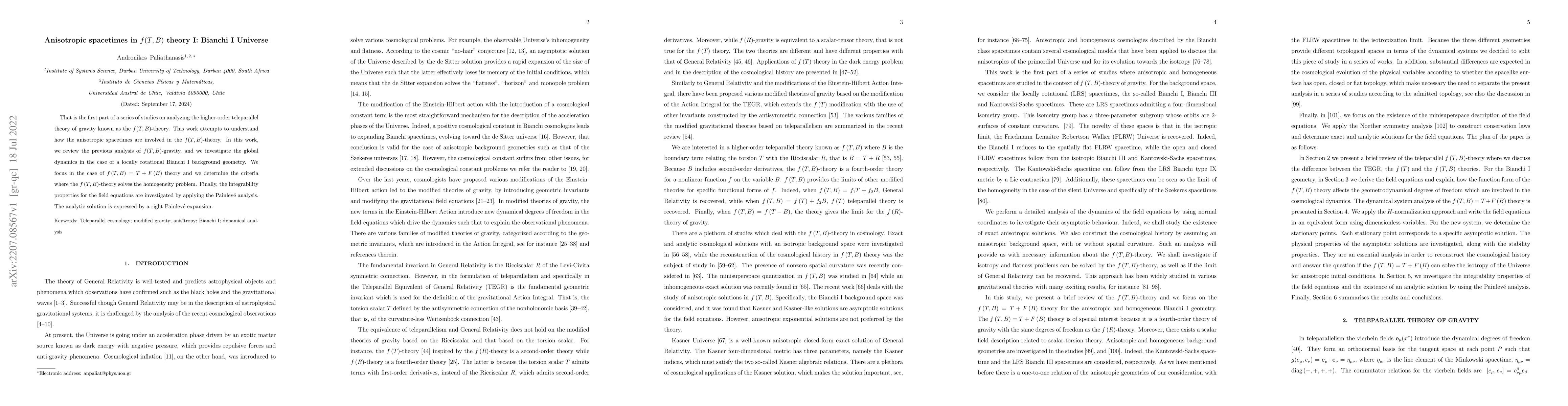 Thumbnail for Anisotropic spacetimes in $f(T,B)$ theory I: Bianchi I Universe