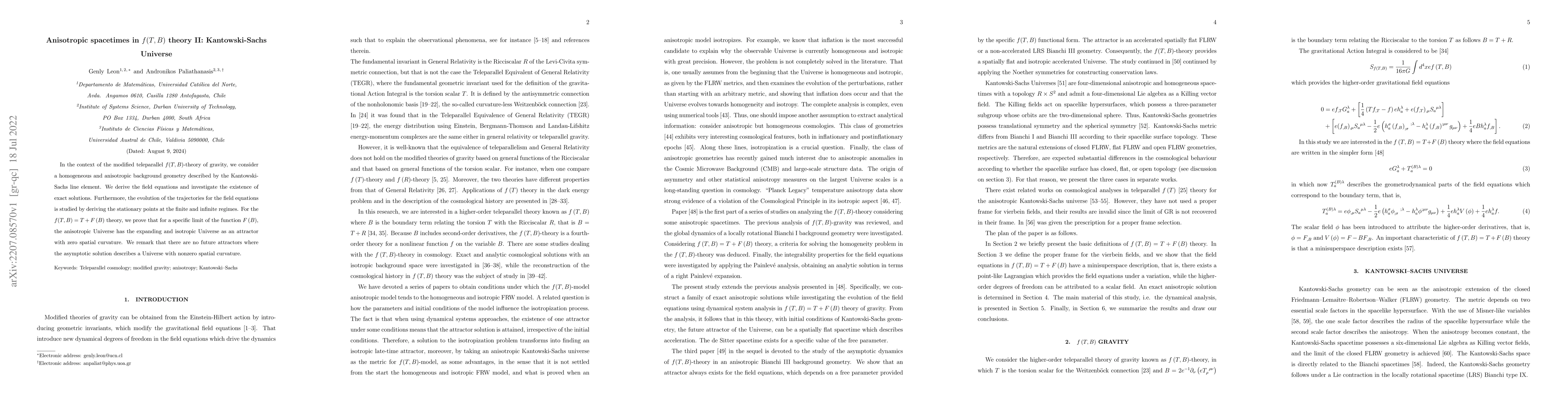 Thumbnail for Anisotropic spacetimes in $f(T,B)$ theory II: Kantowski-Sachs Universe