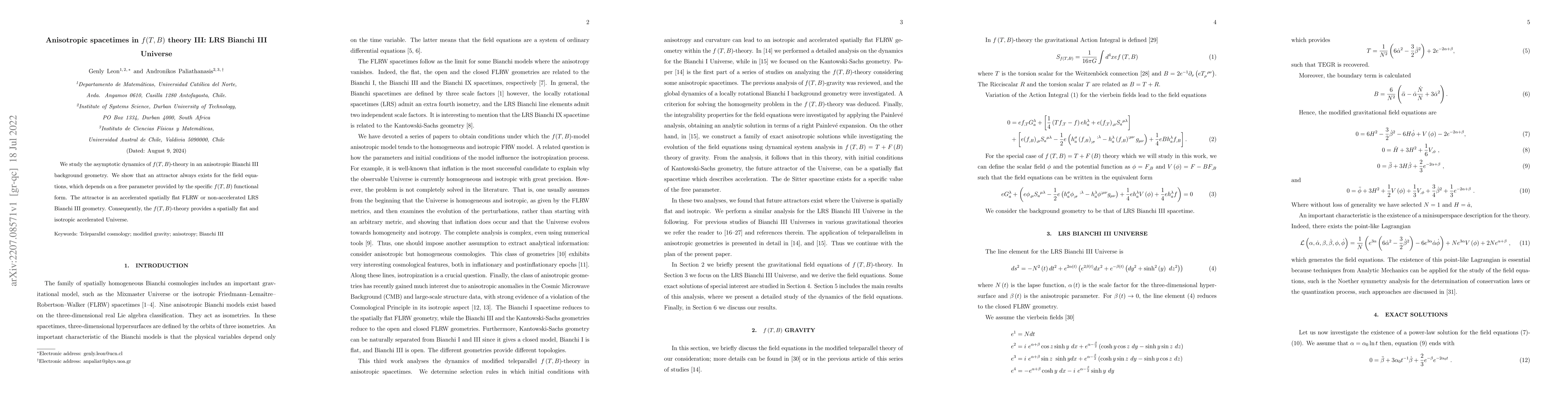 Thumbnail for Anisotropic spacetimes in $f(T,B)$ theory III: LRS Bianchi III Universe