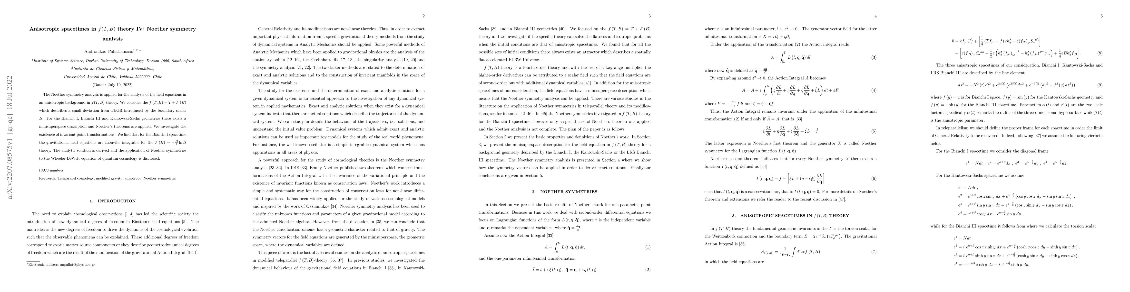 Thumbnail for Anisotropic spacetimes in $f(T,B)$ theory IV: Noether symmetry analysis
