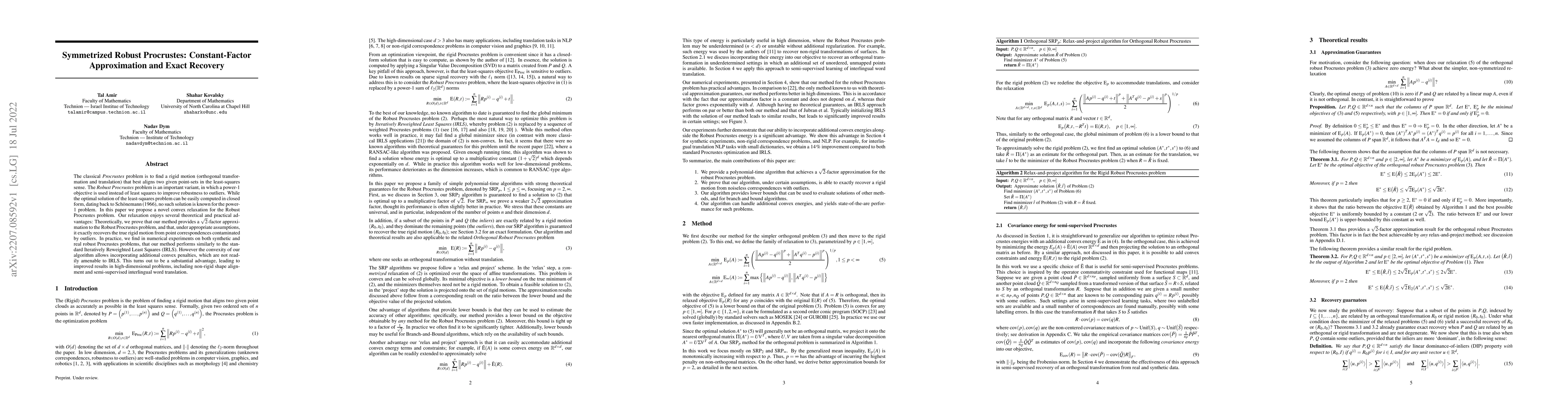 Thumbnail for Symmetrized Robust Procrustes: Constant-Factor Approximation and Exact
  Recovery