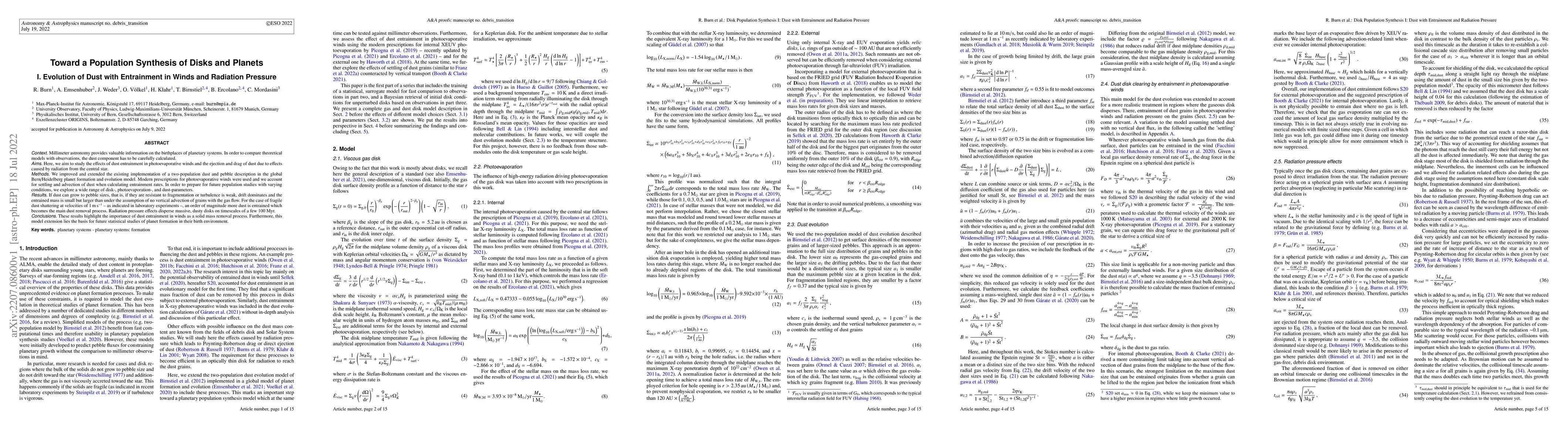 Thumbnail for Toward a Population Synthesis of Disks and Planets I. Evolution of Dust
  with Entrainment in Winds and Radiation Pressure