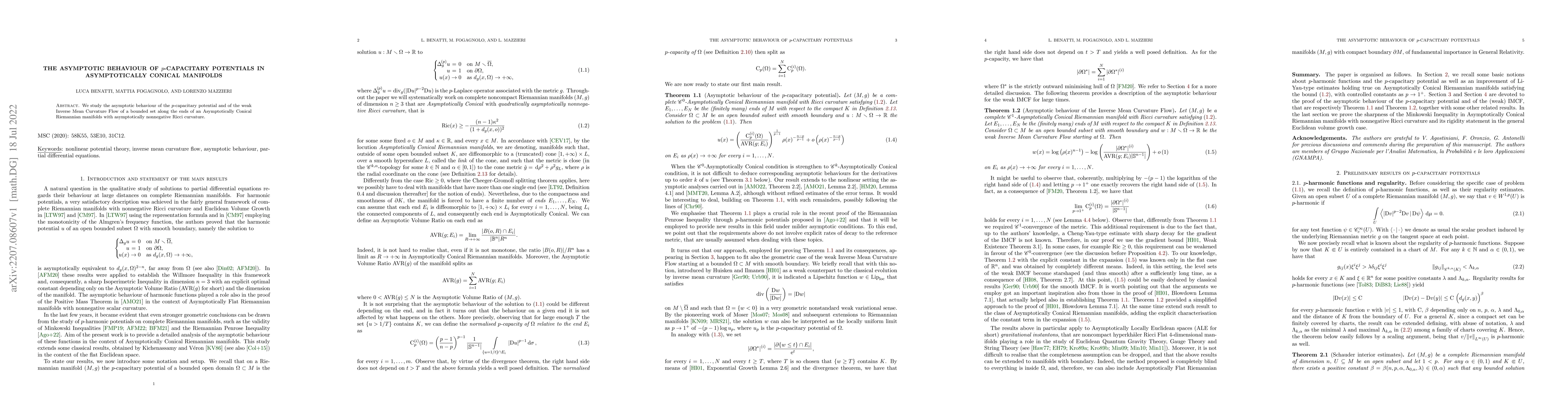 Thumbnail for The asymptotic behaviour of $p$-capacitary potentials in Asymptotically
  Conical manifolds