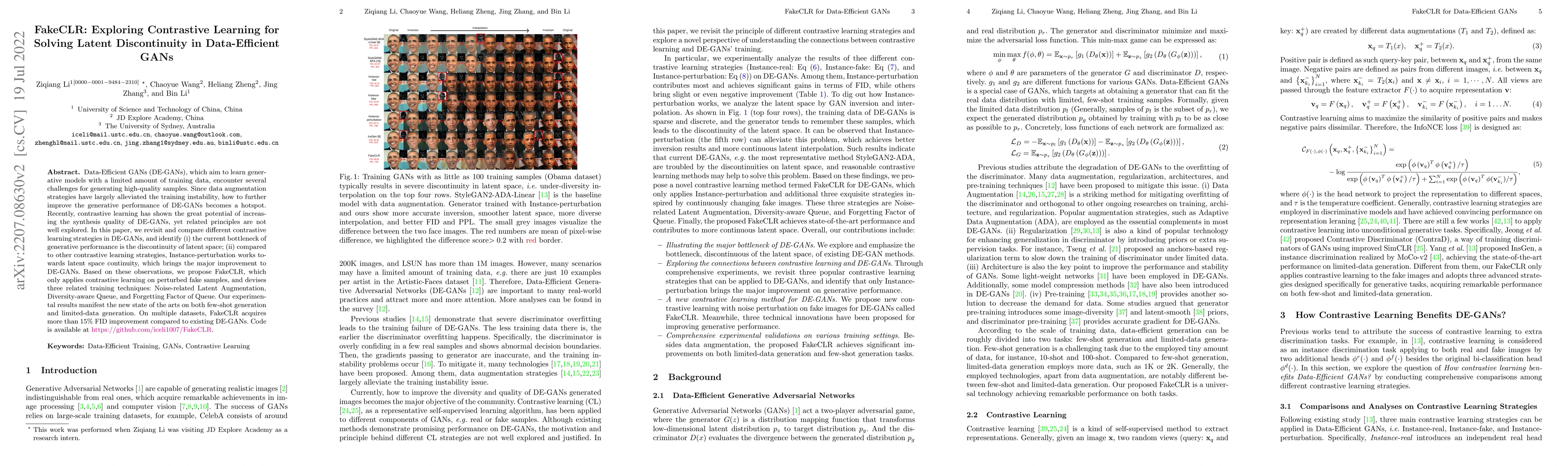 Thumbnail for FakeCLR: Exploring Contrastive Learning for Solving Latent Discontinuity
  in Data-Efficient GANs