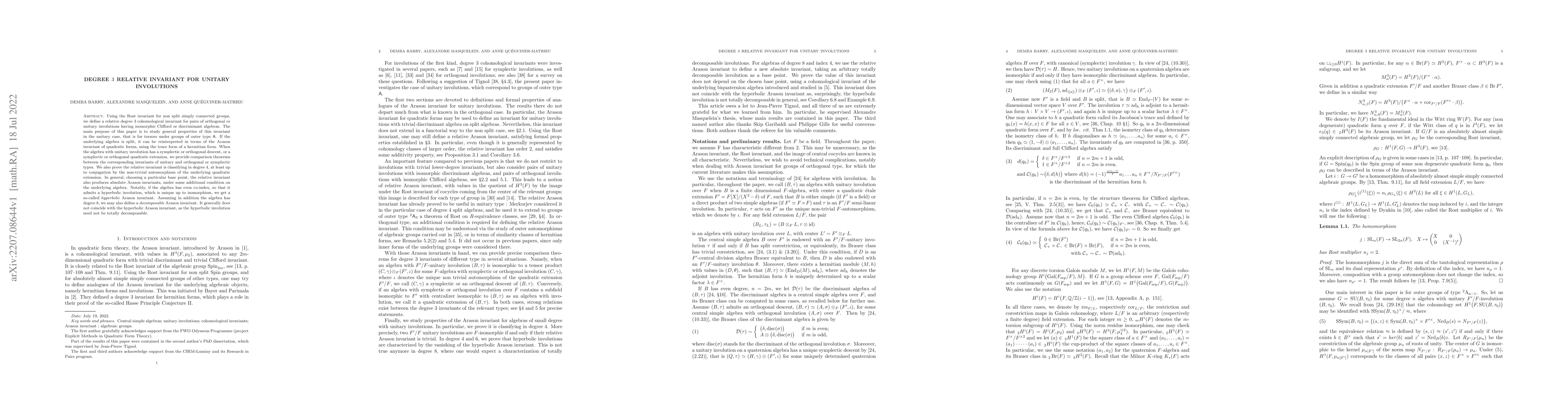 Thumbnail for Degree $3$ relative invariant for unitary involutions