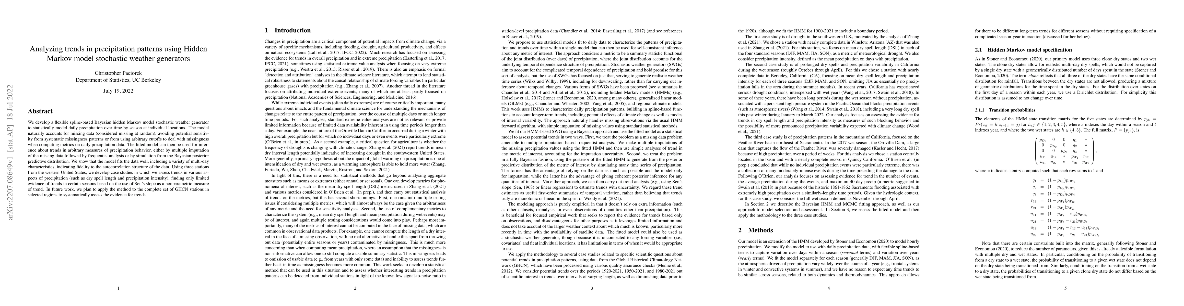 Thumbnail for Analyzing trends in precipitation patterns using Hidden Markov model
  stochastic weather generators