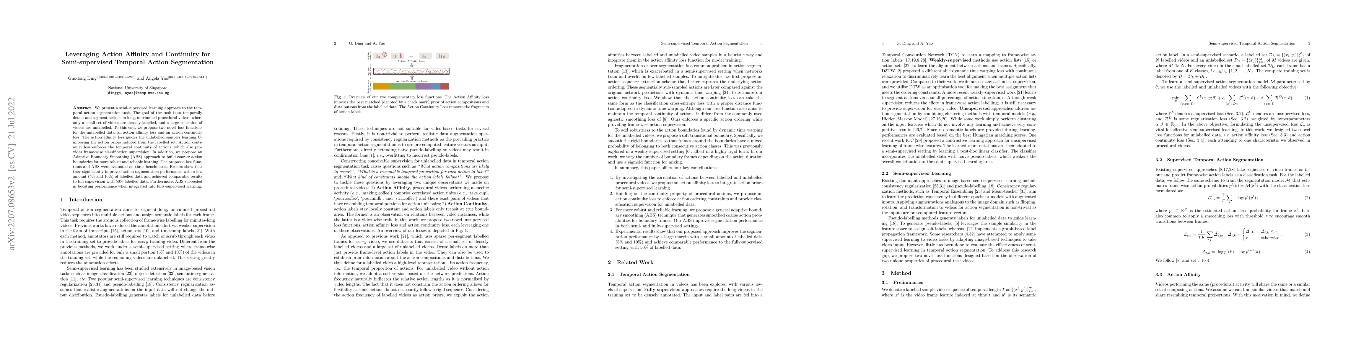 Thumbnail for Leveraging Action Affinity and Continuity for Semi-supervised Temporal
  Action Segmentation