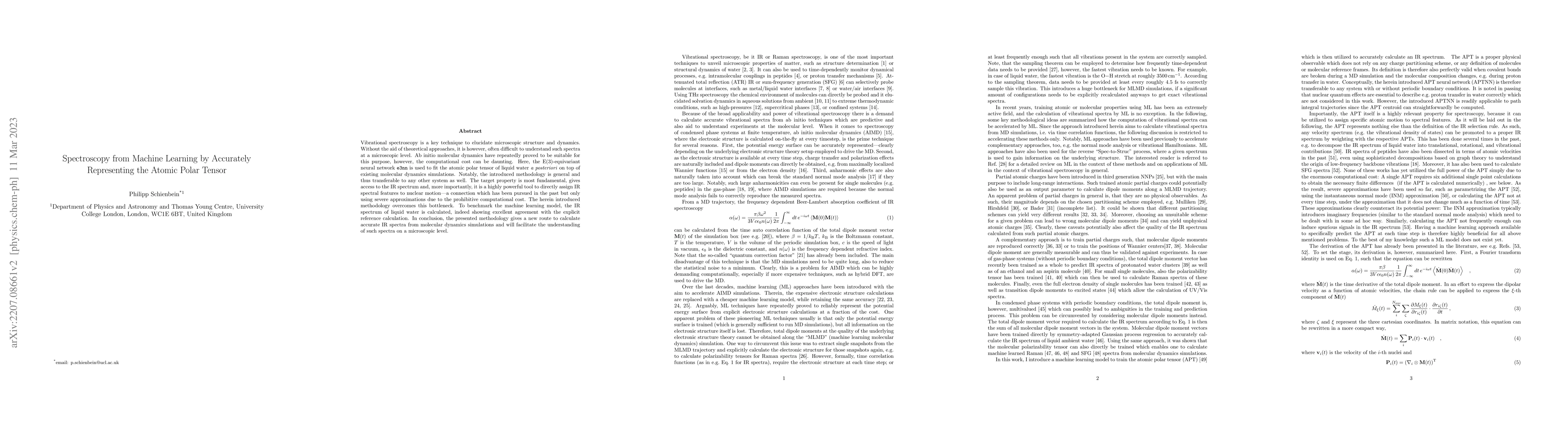 Thumbnail for Spectroscopy from Machine Learning by Accurately Representing the Atomic
  Polar Tensor