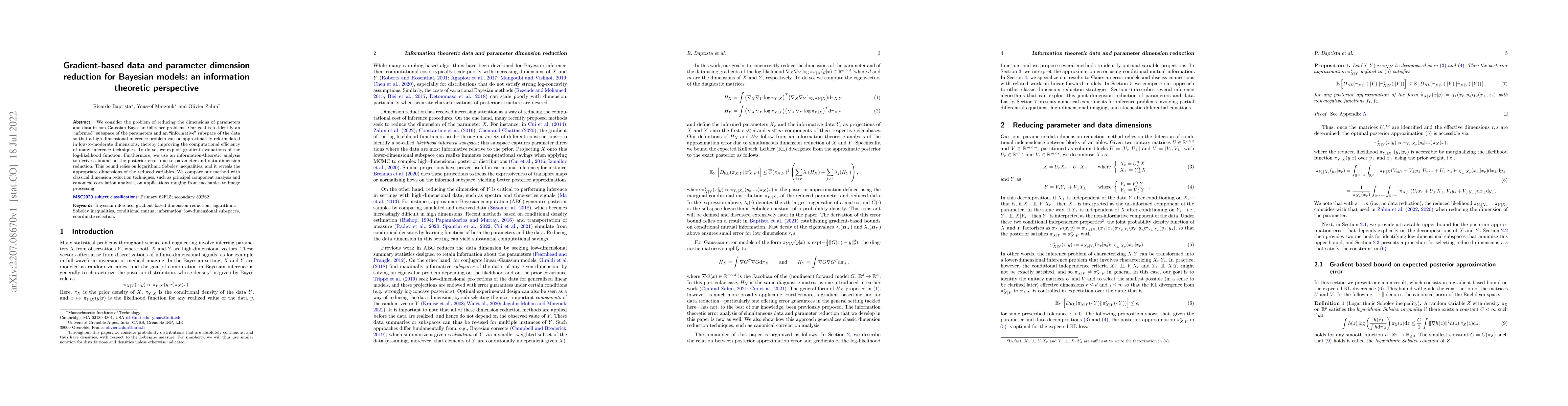 Thumbnail for Gradient-based data and parameter dimension reduction for Bayesian
  models: an information theoretic perspective