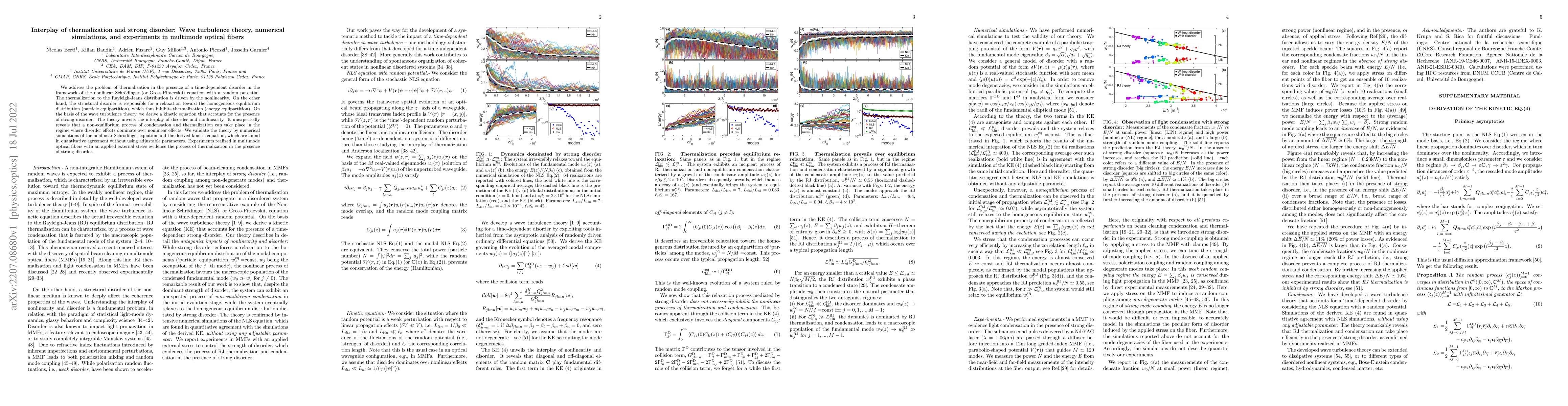 Thumbnail for Interplay of thermalization and strong disorder: Wave turbulence theory,
  numerical simulations, and experiments in multimode optical fibers
