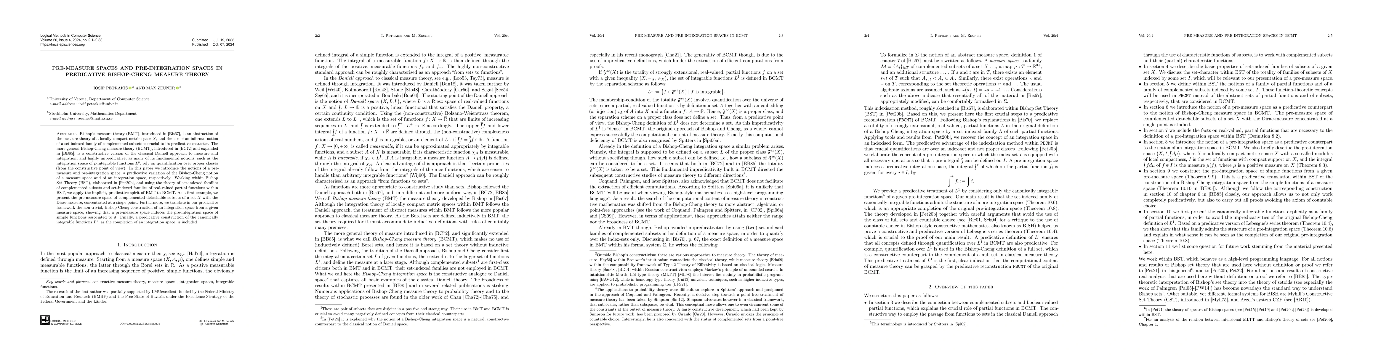 Thumbnail for Pre-measure spaces and pre-integration spaces in predicative
  Bishop-Cheng measure theory