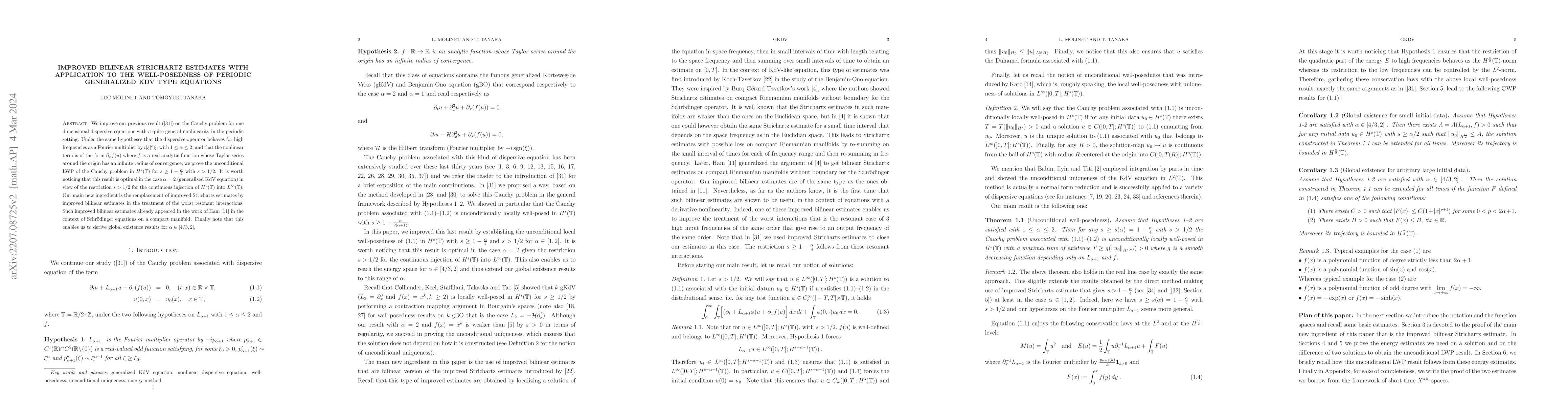 Thumbnail for Improved bilinear Strichartz estimates with application to the
  well-posedness of periodic generalized KdV type equations