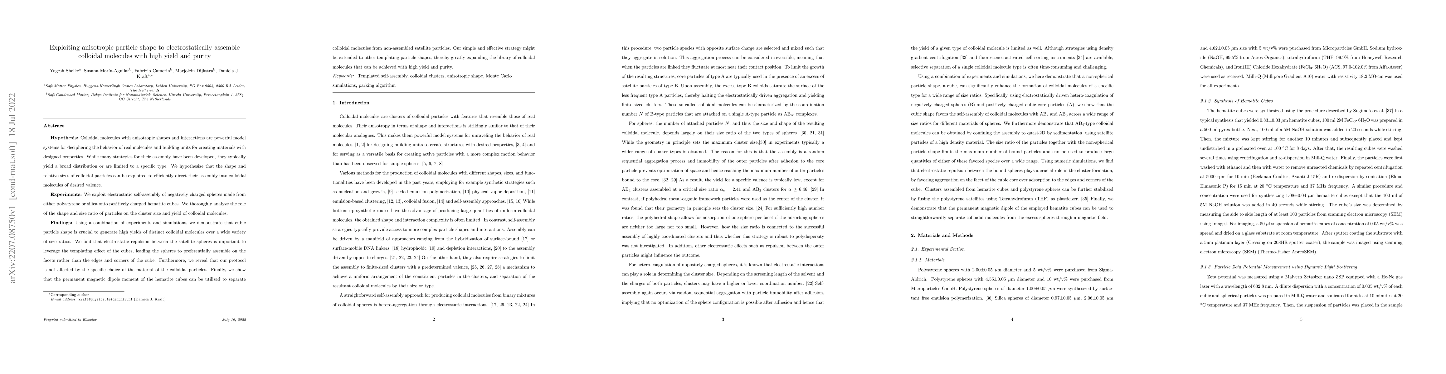 Thumbnail for Exploiting anisotropic particle shape to electrostatically assemble
  colloidal molecules with high yield and purity