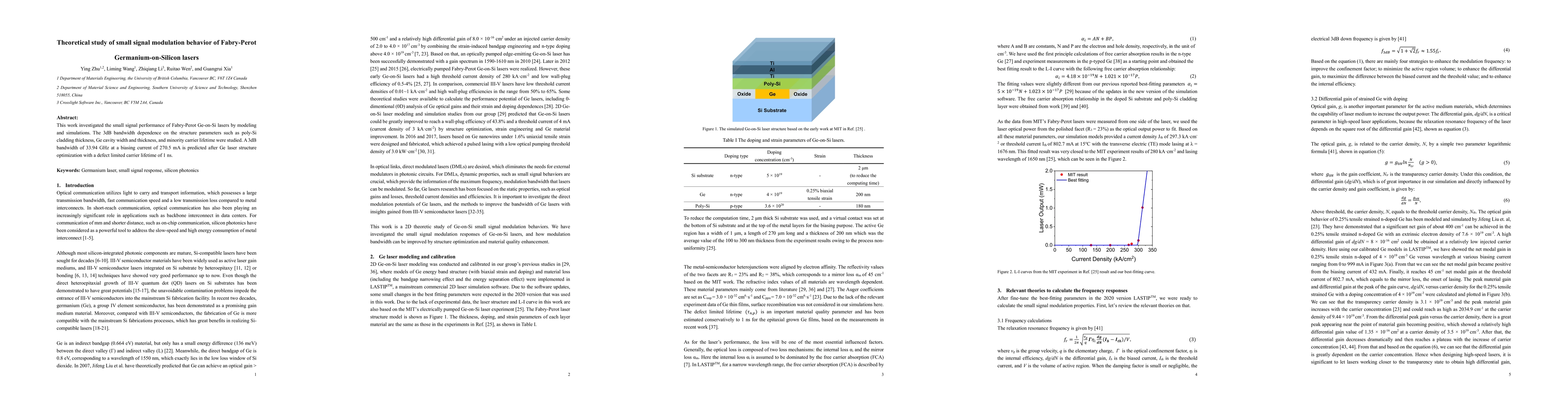 Thumbnail for Theoretical study of small signal modulation behavior of Fabry-Perot
  Germanium-on-Silicon lasers