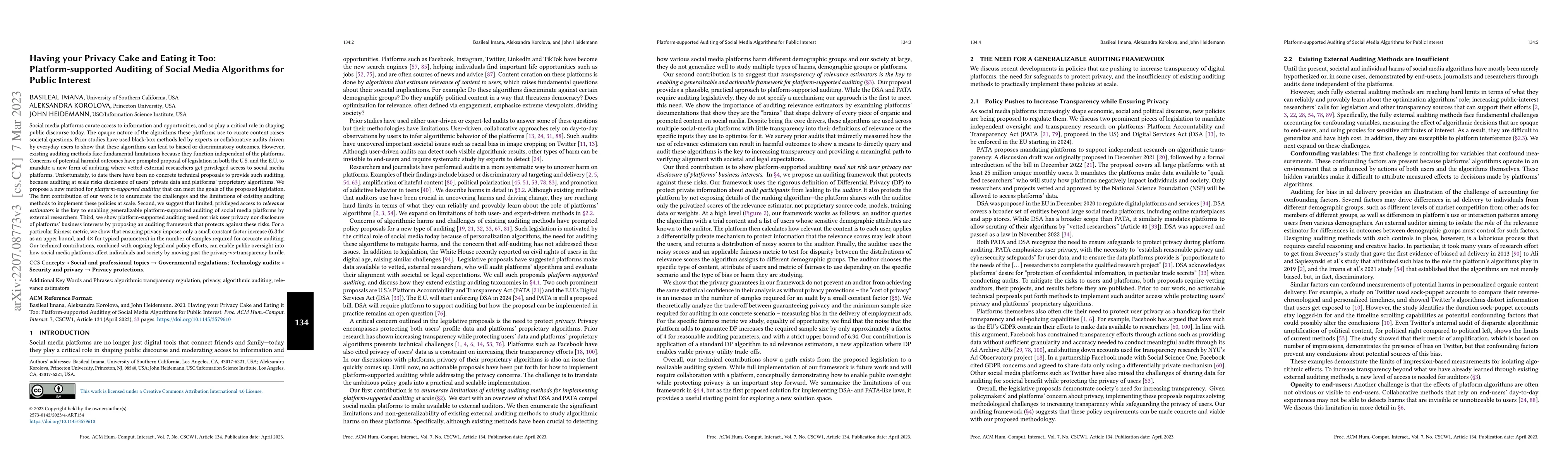 Thumbnail for Having your Privacy Cake and Eating it Too: Platform-supported Auditing
  of Social Media Algorithms for Public Interest