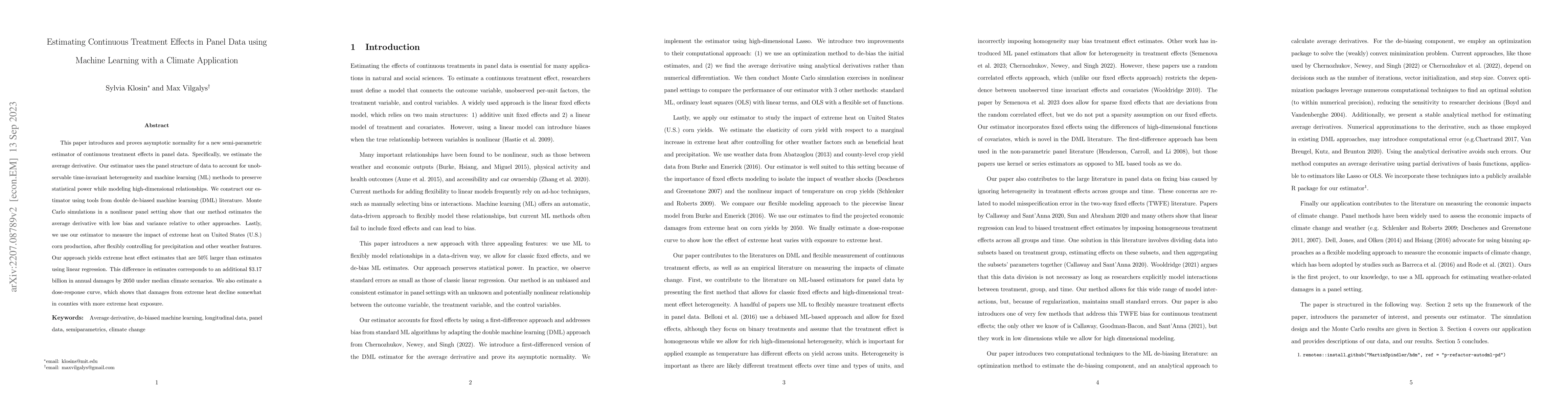 Thumbnail for Estimating Continuous Treatment Effects in Panel Data using Machine
  Learning with a Climate Application