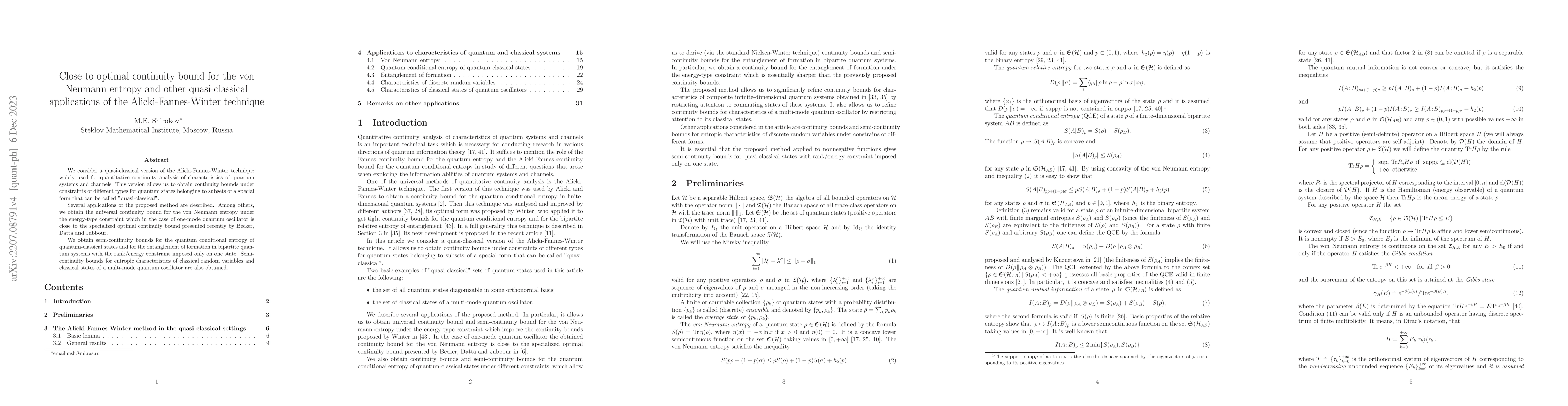 Thumbnail for Close-to-optimal continuity bound for the von Neumann entropy and other
  quasi-classical applications of the Alicki-Fannes-Winter technique