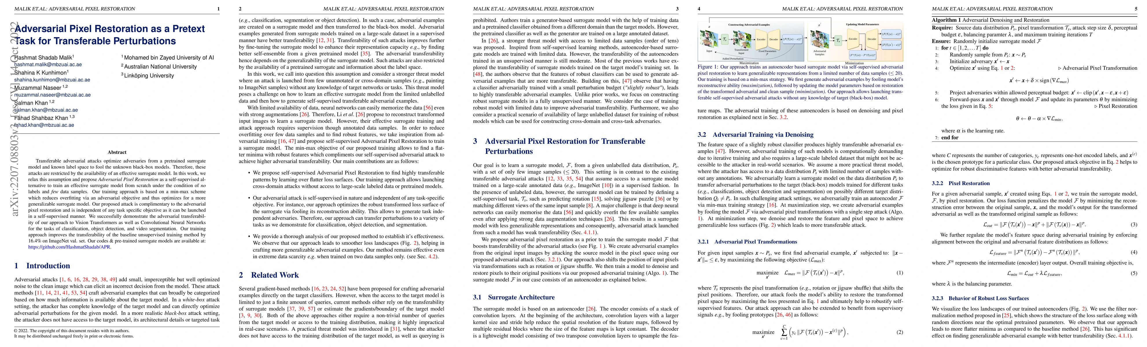 Thumbnail for Adversarial Pixel Restoration as a Pretext Task for Transferable
  Perturbations