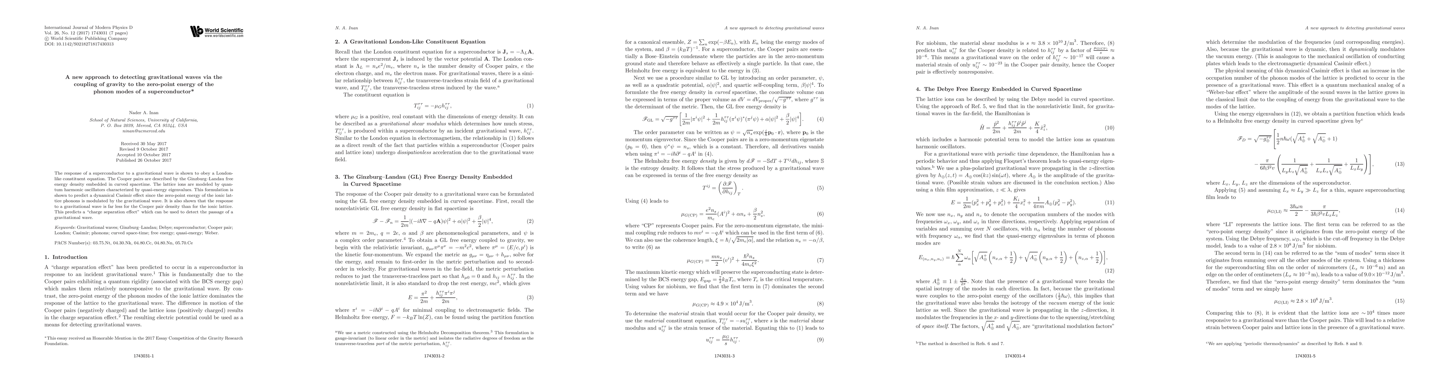 Thumbnail for A new approach to detecting gravitational waves via the coupling of
  gravity to the zero-point energy of the phonon modes of a superconductor