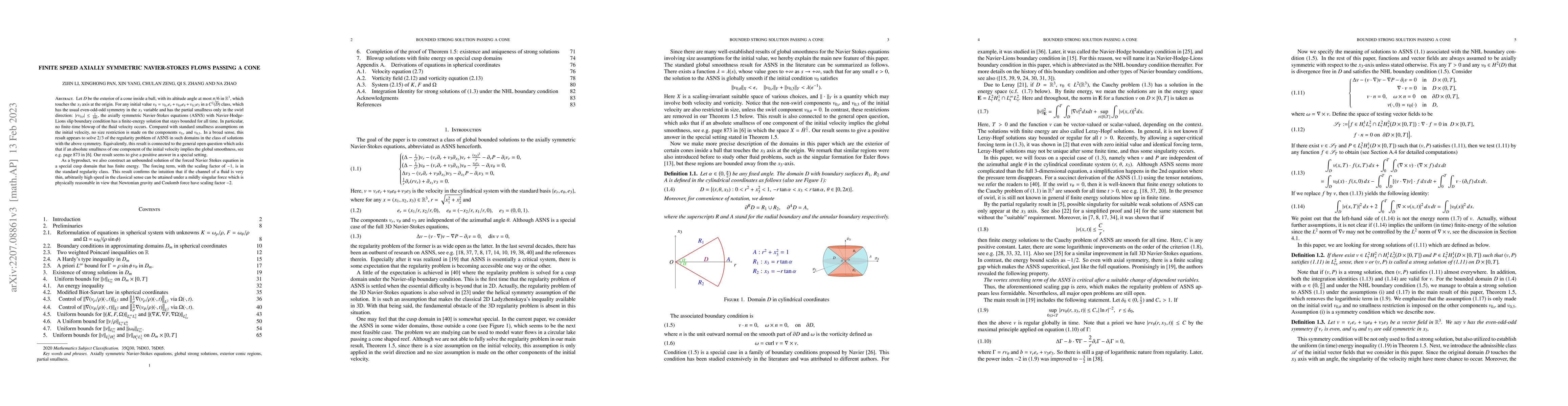Thumbnail for Finite speed axially symmetric Navier-Stokes flows passing a cone