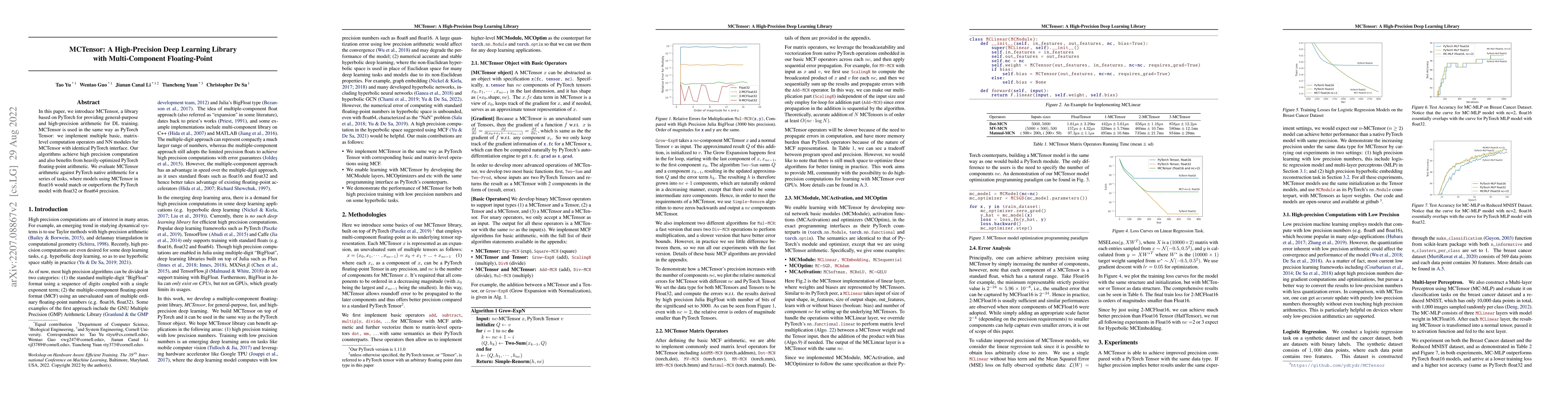 Thumbnail for MCTensor: A High-Precision Deep Learning Library with Multi-Component
  Floating-Point