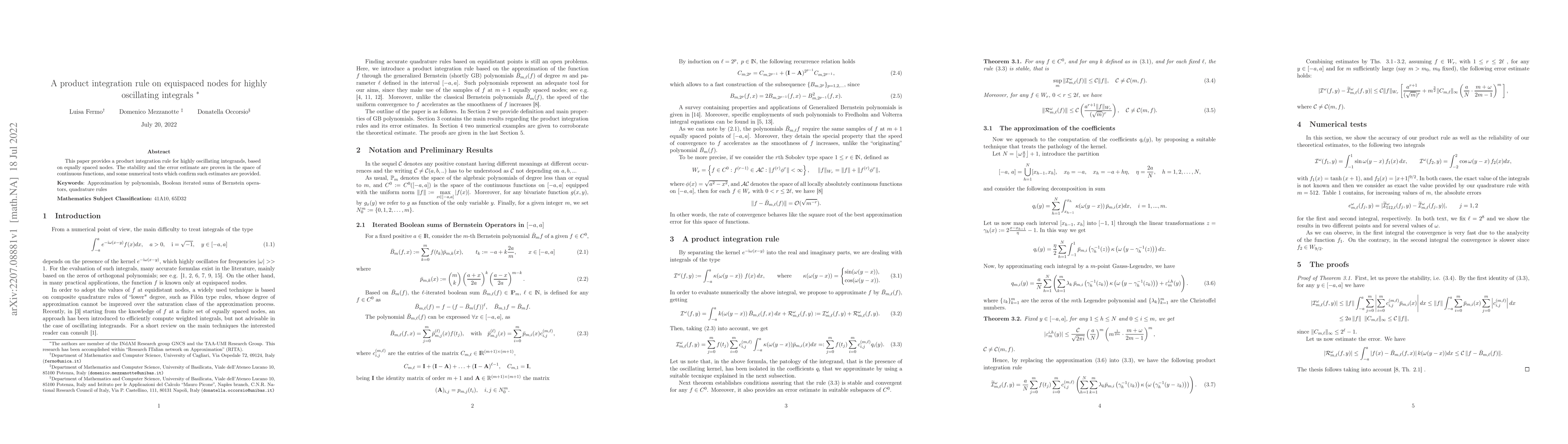 Thumbnail for A product integration rule on equispaced nodes for highly oscillating
  integrals