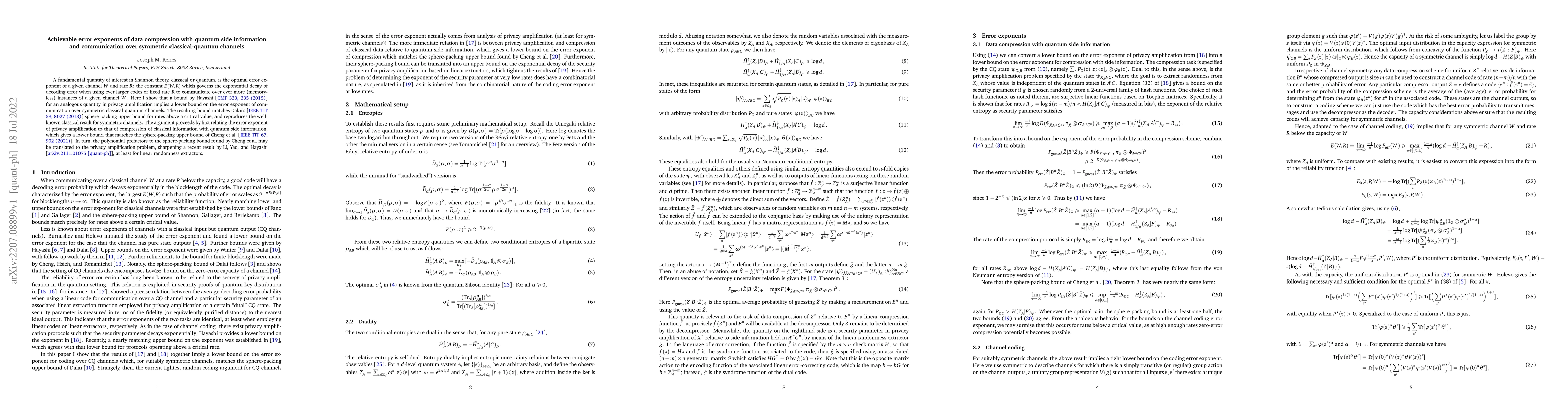 Thumbnail for Achievable error exponents of data compression with quantum side
  information and communication over symmetric classical-quantum channels