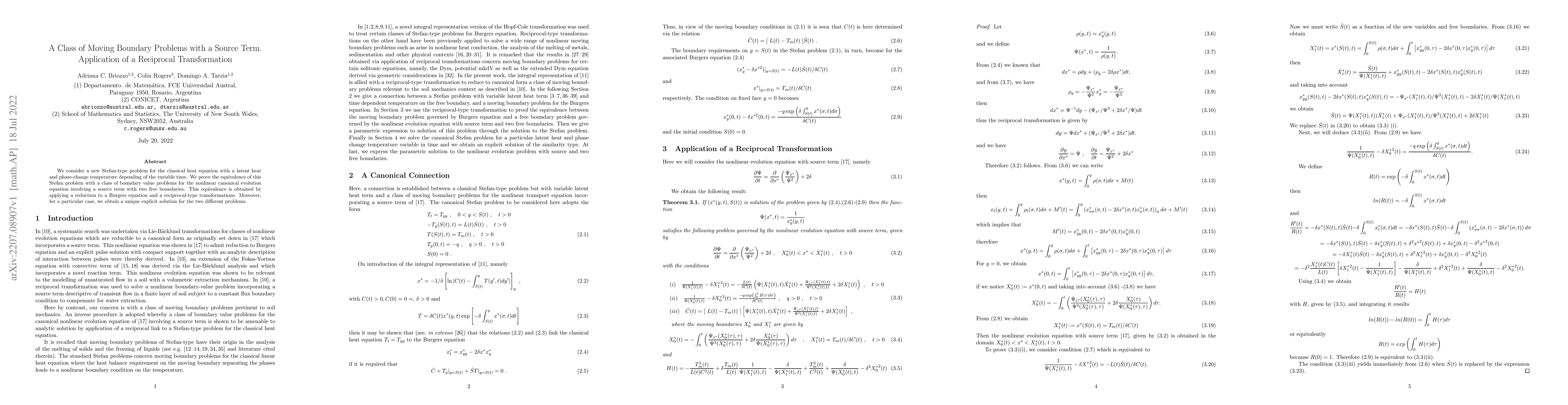 Thumbnail for A Class of Moving Boundary Problems with a Source Term. Application of a
  Reciprocal Transformation