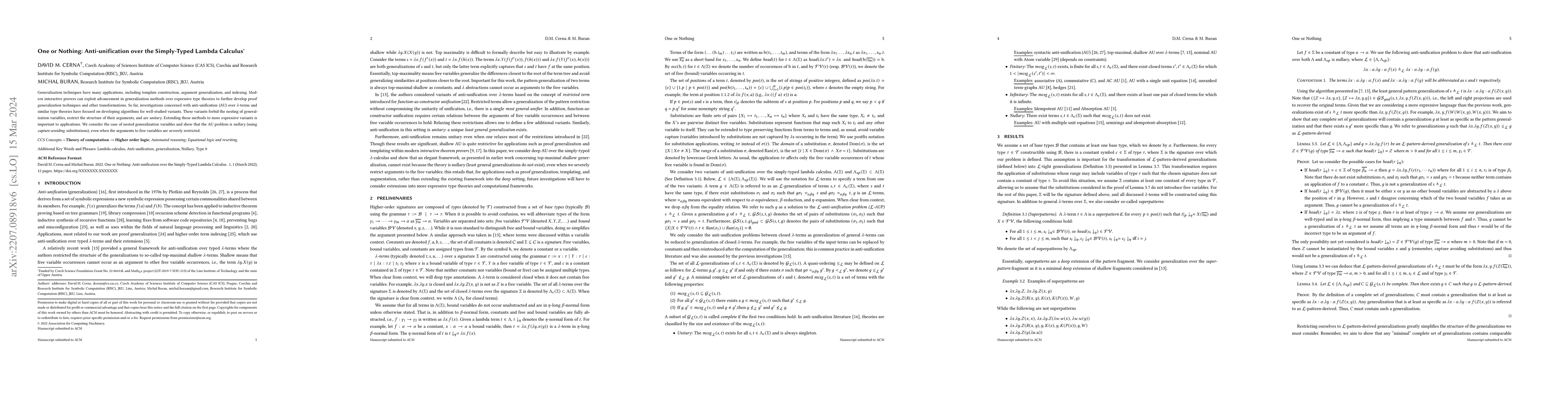 Thumbnail for One or Nothing: Anti-unification over the Simply-Typed Lambda Calculus