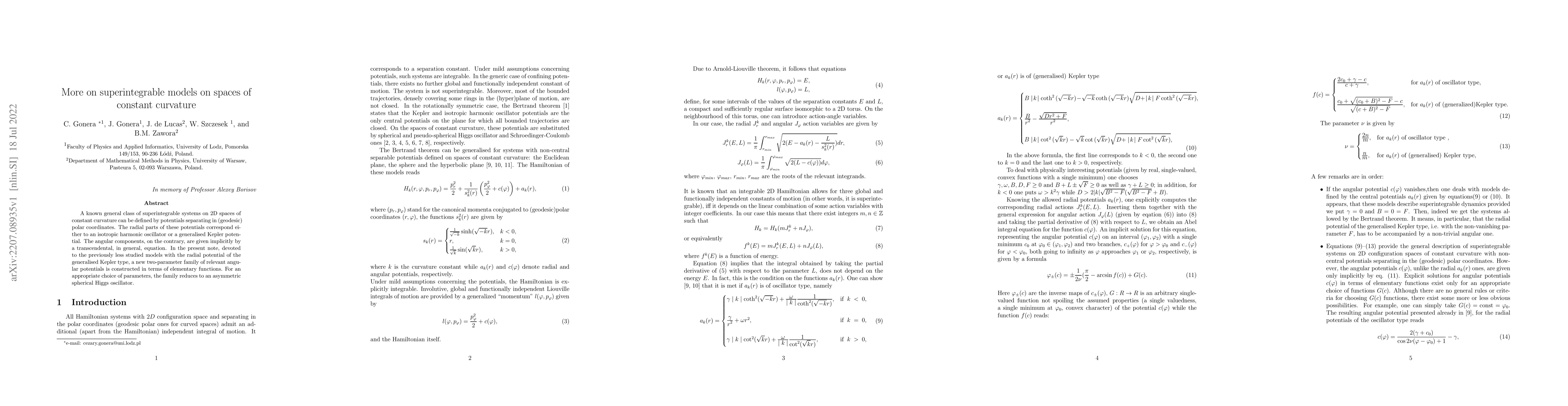 Thumbnail for More on superintegrable models on spaces of constant curvature