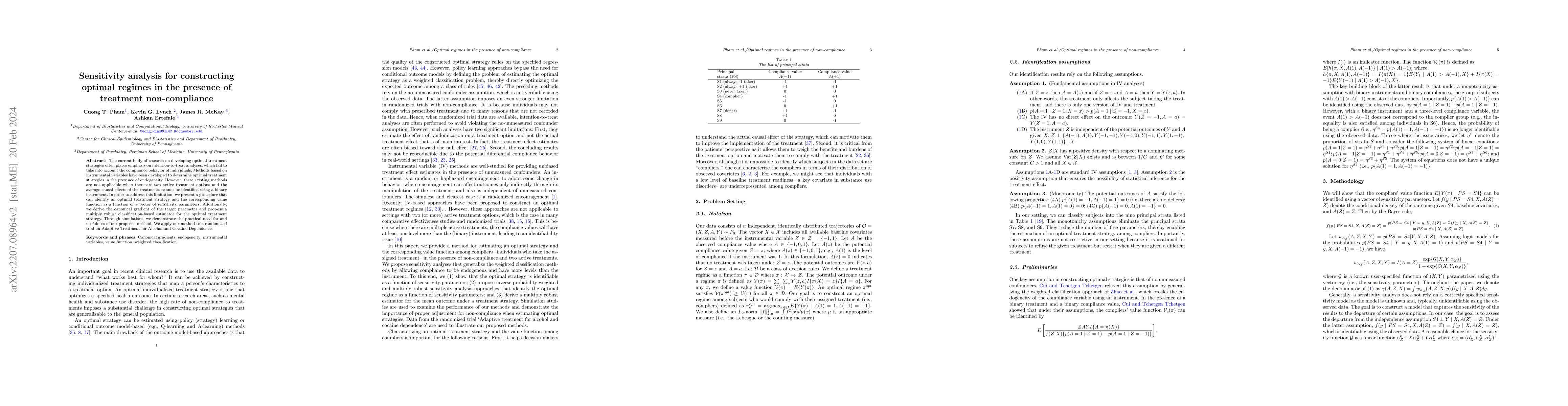 Thumbnail for Sensitivity analysis for constructing optimal regimes in the presence of
  treatment non-compliance